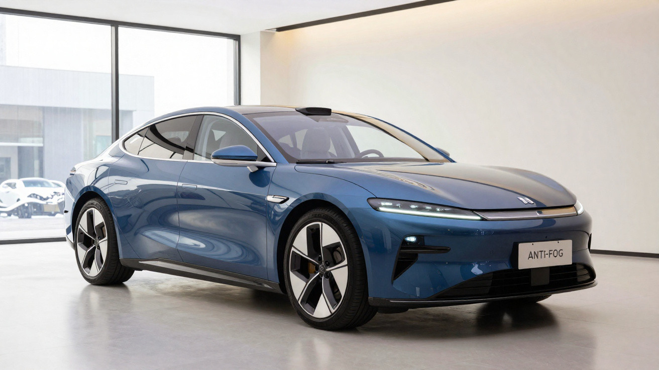 Carro elétrico azul moderno estacionado num espaço interior amplo e luminoso.