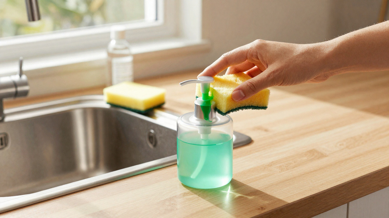 Mão a pressionar dispensador de detergente para louça azul com esponja amarela numa cozinha junto à pia.