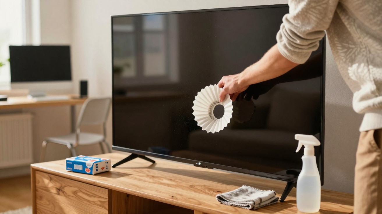 Pessoa a limpar e aspirar a televisão num ambiente doméstico com pano e spray de limpeza.