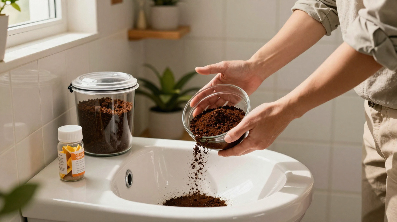 Pessoa a deitar café moído numa pia branca numa divisão luminosa com plantas.