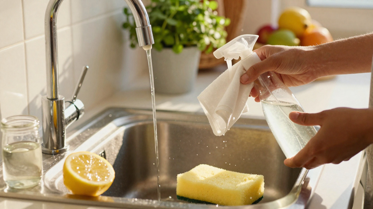 Mãos a limpar uma esponja perto de uma torneira com água a correr numa cozinha iluminada.