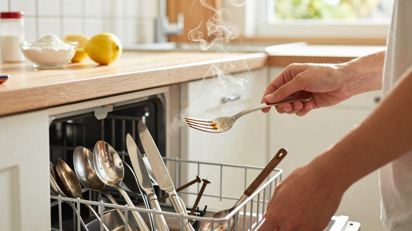 Pessoa a retirar talher fumegante de máquina de lavar loiça numa cozinha luminosa.