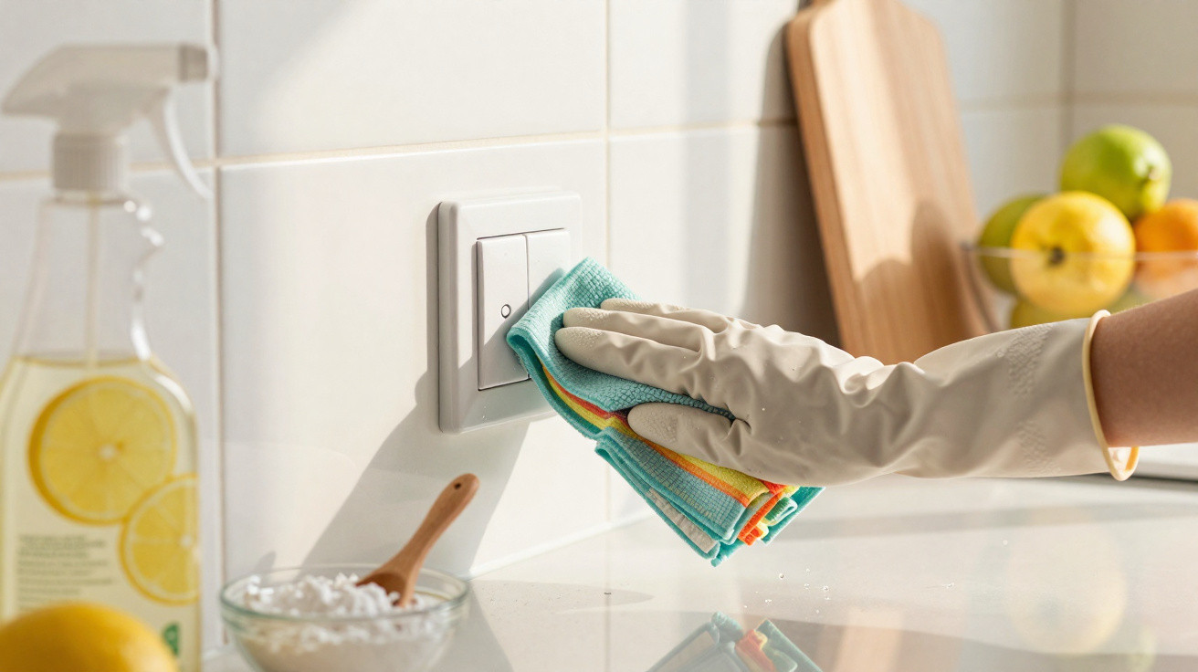 Mão com luva a limpar interruptor de luz na cozinha com pano colorido e utensílios ao fundo.