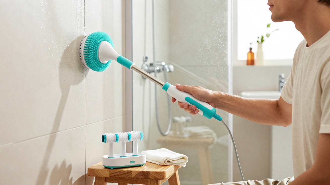 Pessoa a limpar azulejos de casa de banho com escova elétrica azul e branca de cabo extensível.