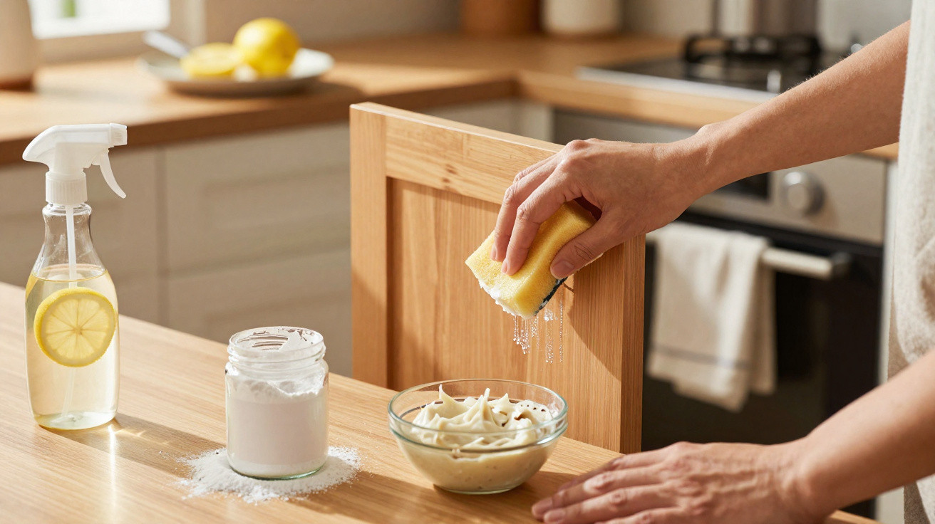Pessoa a limpar uma cadeira de madeira com esponja, bicarbonato e spray caseiro com limão na cozinha.