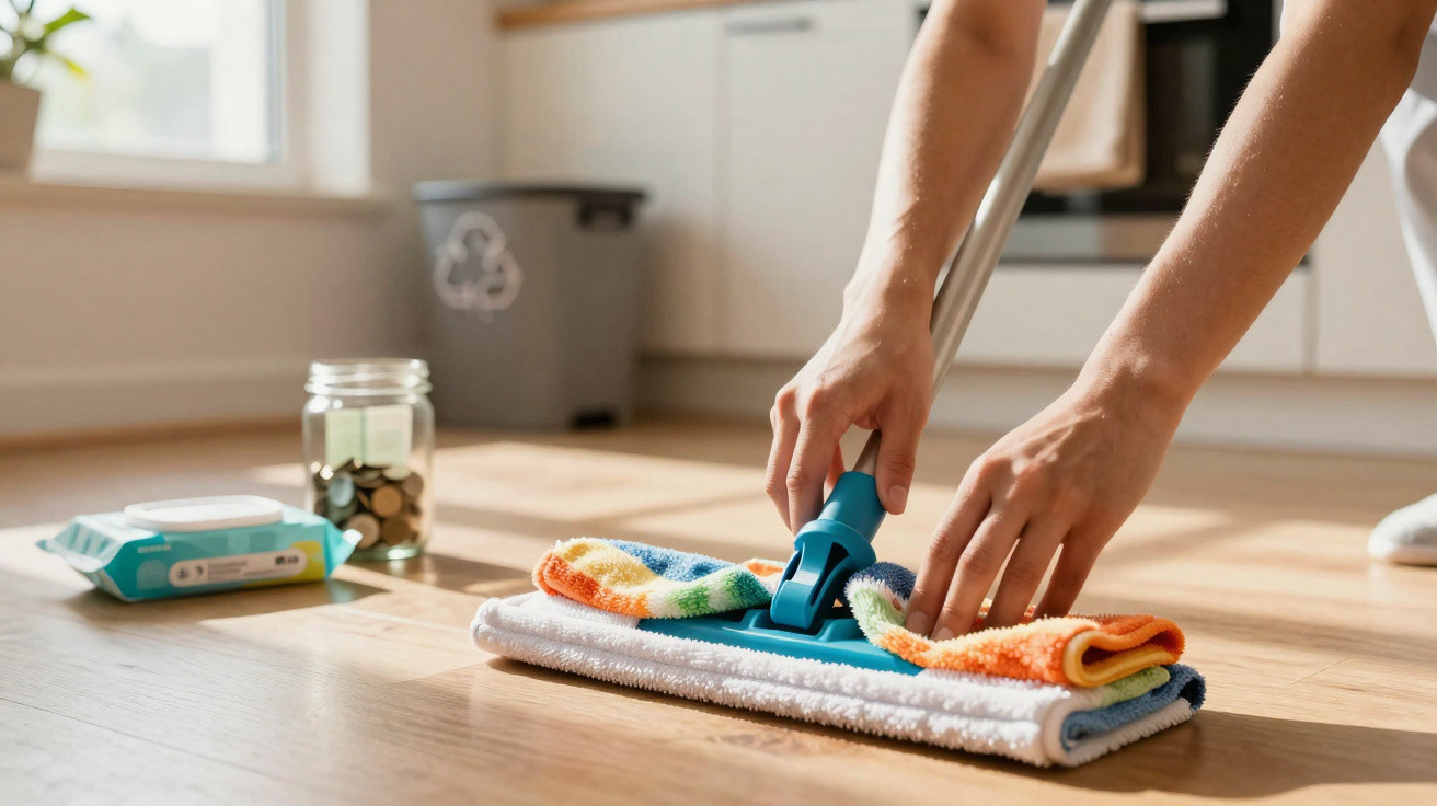 Mãos a preparar esfregona colorida para limpar chão de madeira numa cozinha.