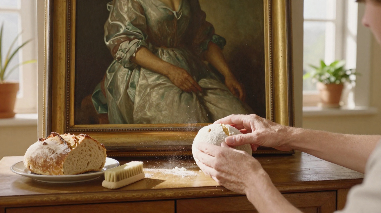Mãos a partir pão com pintura de mulher vestida de época ao fundo numa mesa com pão e pincel.