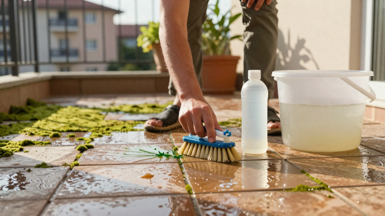 Pessoa a limpar chão de terraço com escova, balde e líquido de limpeza, luz natural solar.
