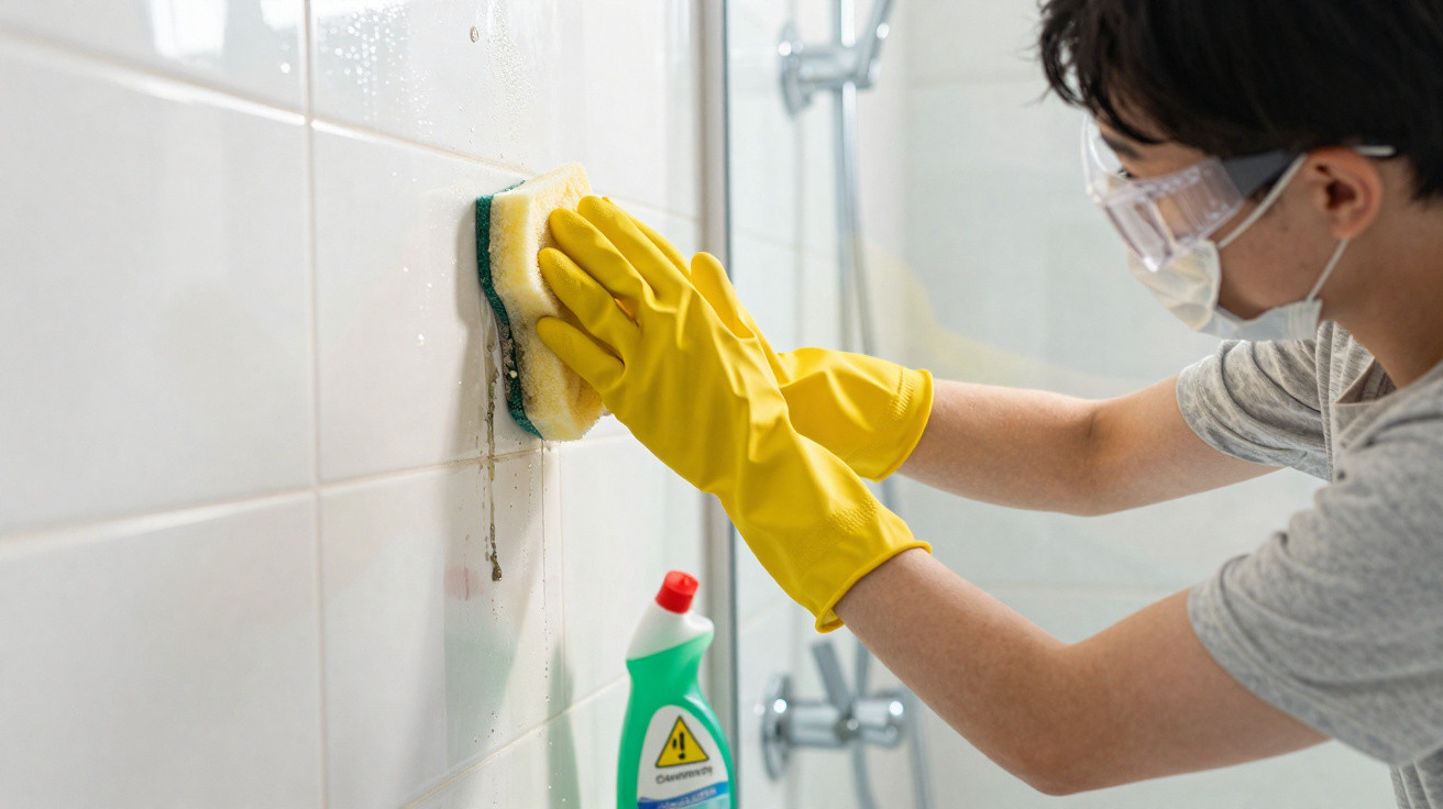 Pessoa com luvas amarelas limpar azulejos de casa de banho usando esponja e produtos de limpeza.