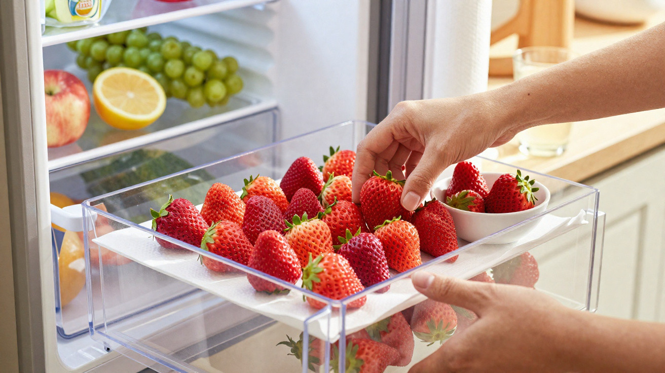Mãos a apanhar morangos frescos numa gaveta transparente de frigorífico com fruta ao fundo.