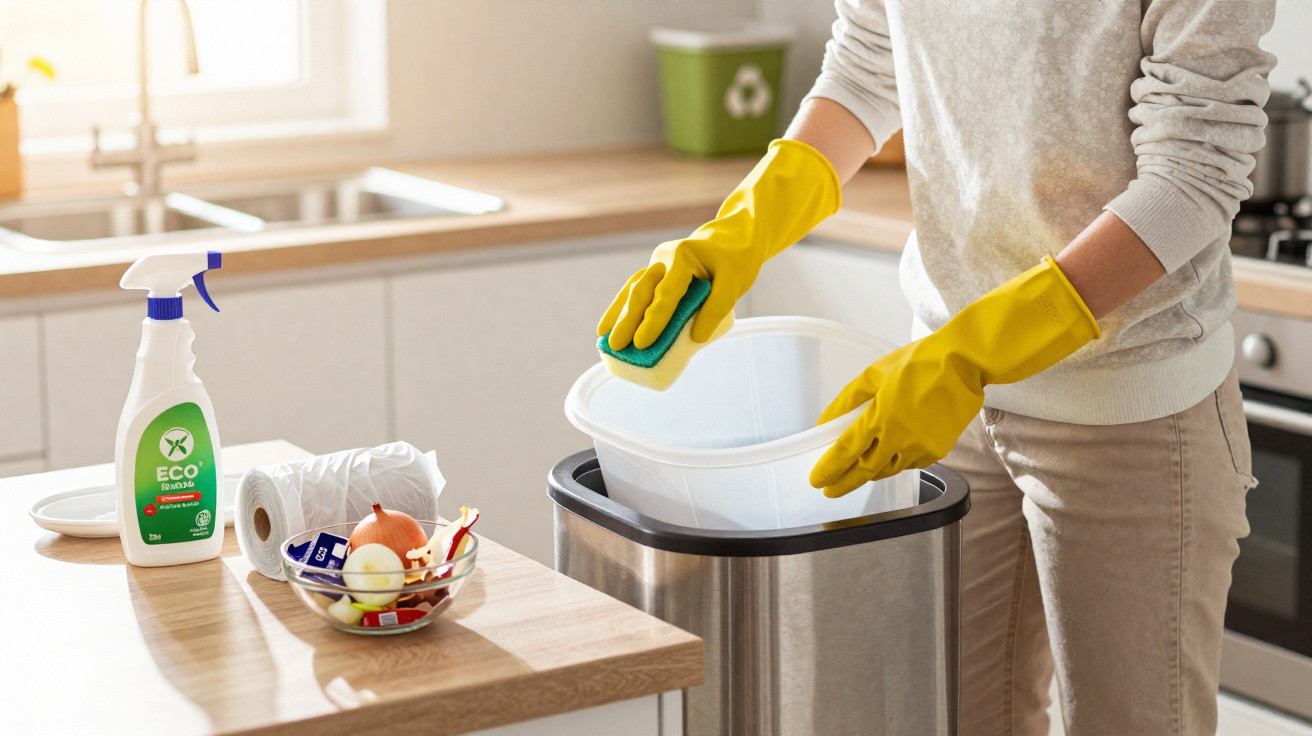 Pessoa com luvas amarelas a limpar um balde na cozinha, com produtos de limpeza ecológicos na bancada.