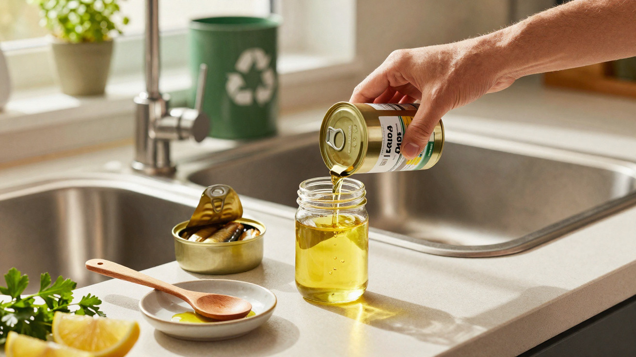 Mão a verter óleo comestível de lata para frasco junto à pia da cozinha, com limão e talheres na bancada.