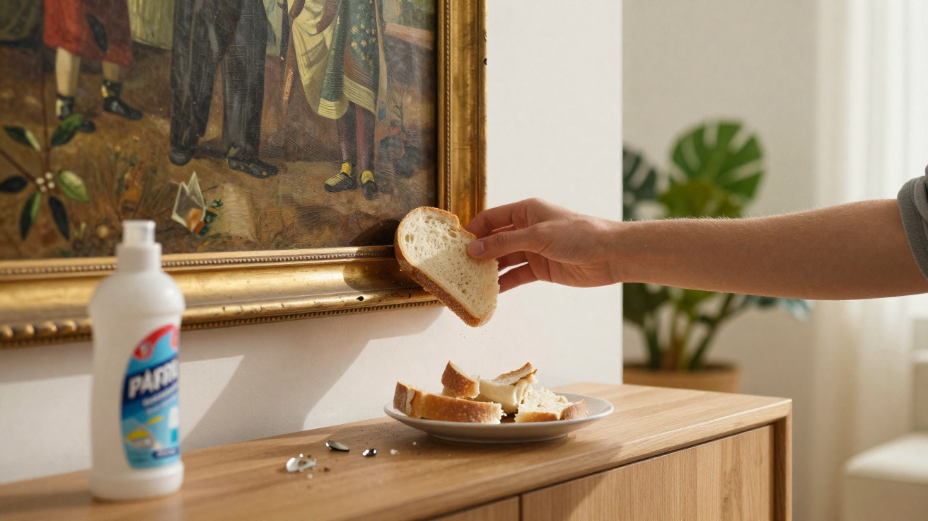 Pessoa a colocar pão numa fruteira branca em cima de uma cómoda de madeira, junto a um quadro antigo.