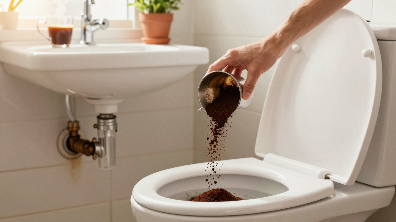 Pessoa a deitar café moído dentro da sanita num quarto de banho com lavatório ao fundo.