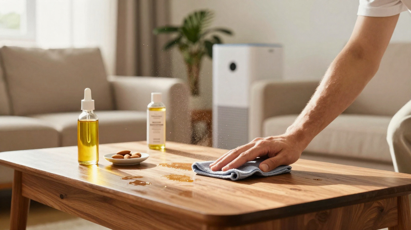 Pessoa a limpar uma mesa de madeira numa sala com óleo e nozes sobre a superfície.