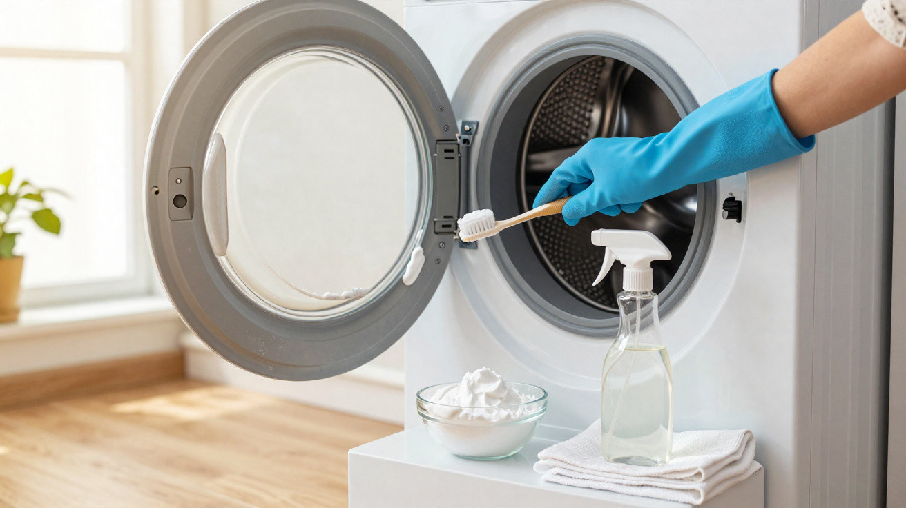 Mão com luva azul a limpar a porta da máquina de lavar roupa com escova, ao lado de spray e detergente caseiro.