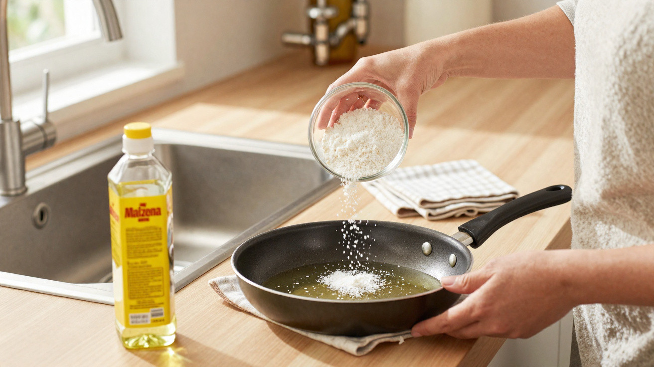 Mãos a despejar amido de milho numa frigideira com óleo numa cozinha junto à pia e garrafa de óleo.