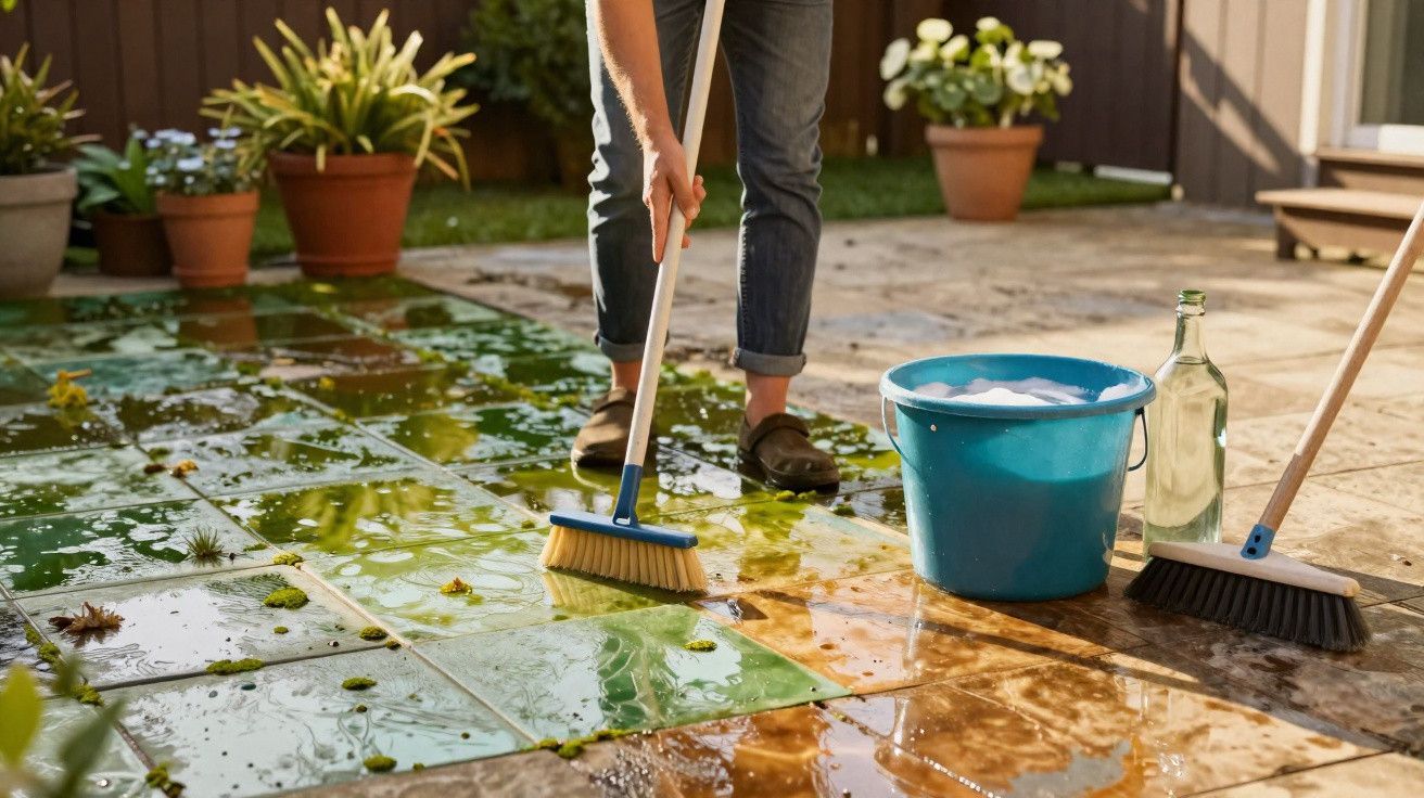 Pessoa a limpar o chão exterior com vassoura, balde azul e garrafa numa área com plantas em vasos.