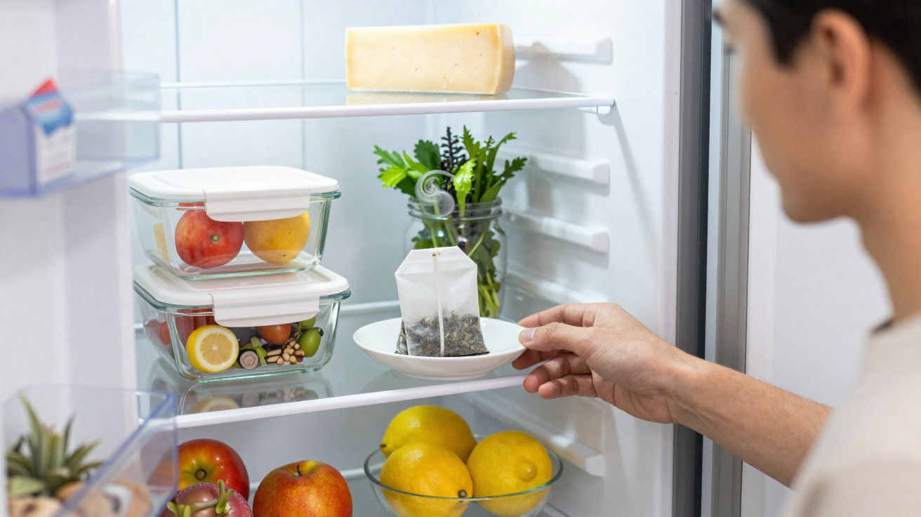 Pessoa a colocar saqueta de chá no interior de frigorífico com frutas e queijo.