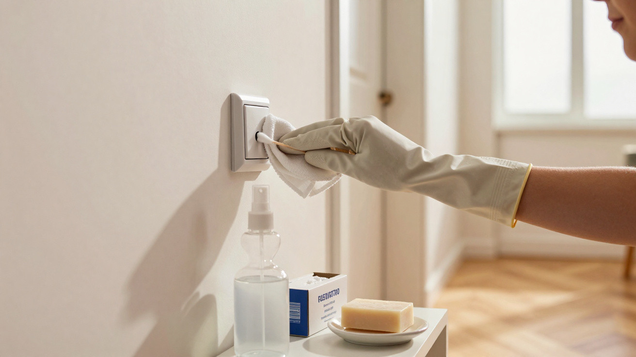 Mão com luva a limpar interruptor de luz com pano, junto a sabonete, spray e caixa sobre móvel branco.