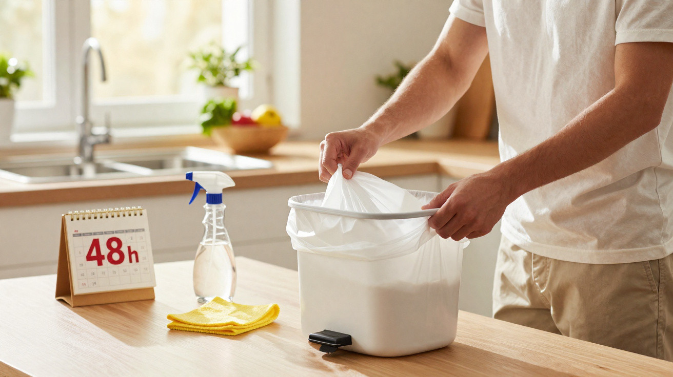 Pessoa a colocar saco de lixo num caixote branco numa cozinha com calendário a marcar 48h.