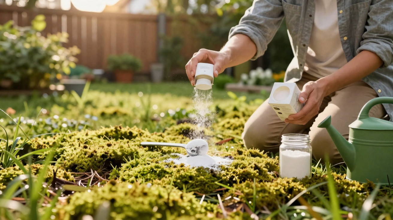 Pessoa a aplicar pó branco nas plantas num jardim solarengo, com regador verde ao lado.