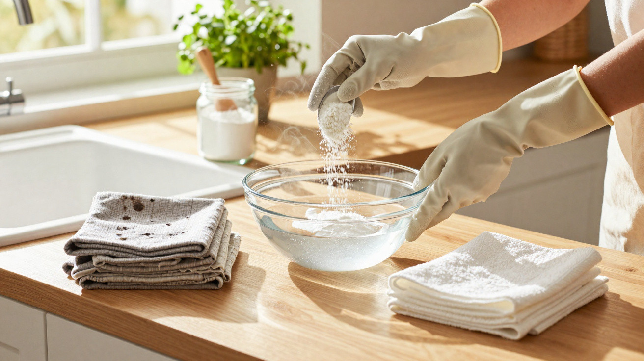 Mãos com luvas a adicionar pó branco numa tigela de vidro numa cozinha iluminada pelo sol.