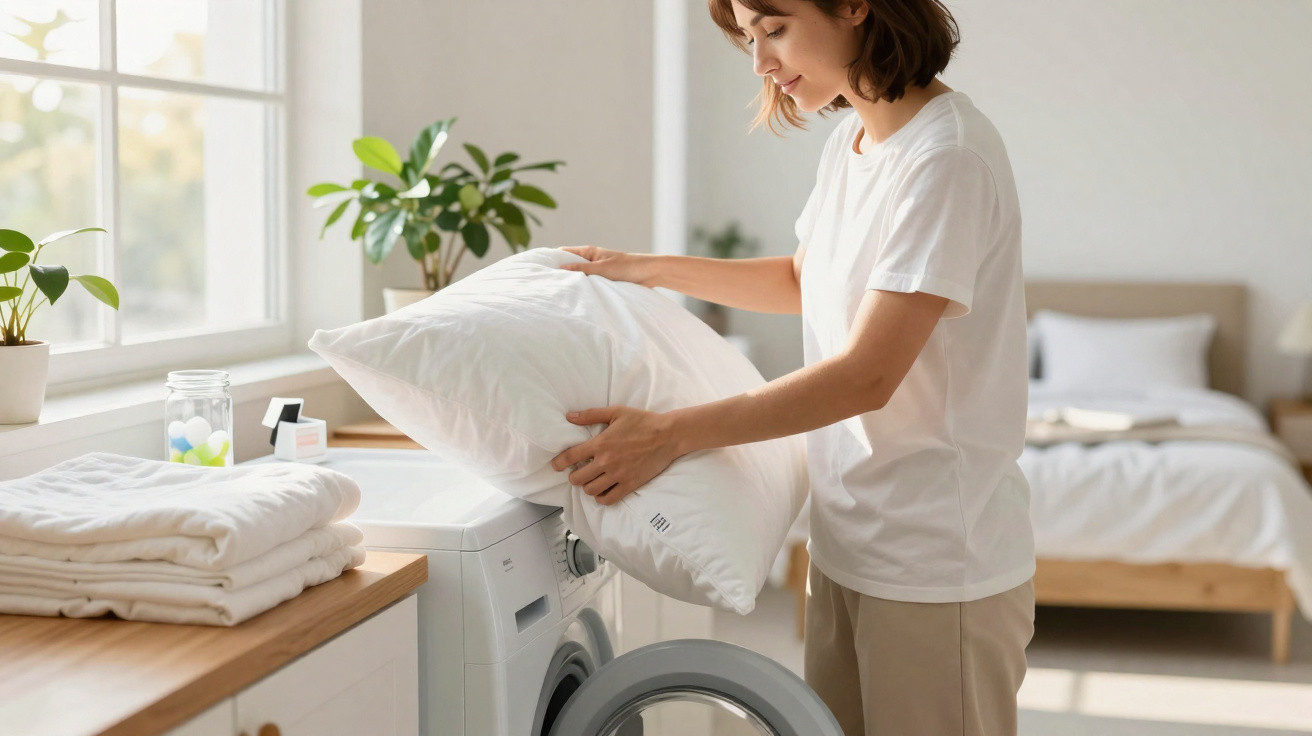 Mulher a colocar uma almofada na máquina de lavar roupa numa divisão clara e arrumada.
