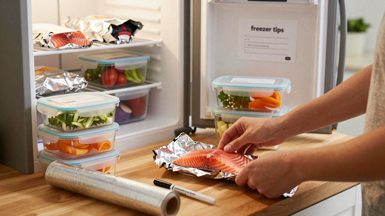 Pessoa a guardar posta de salmão em folha de alumínio com vários recipientes e comida na frigorífico aberto.