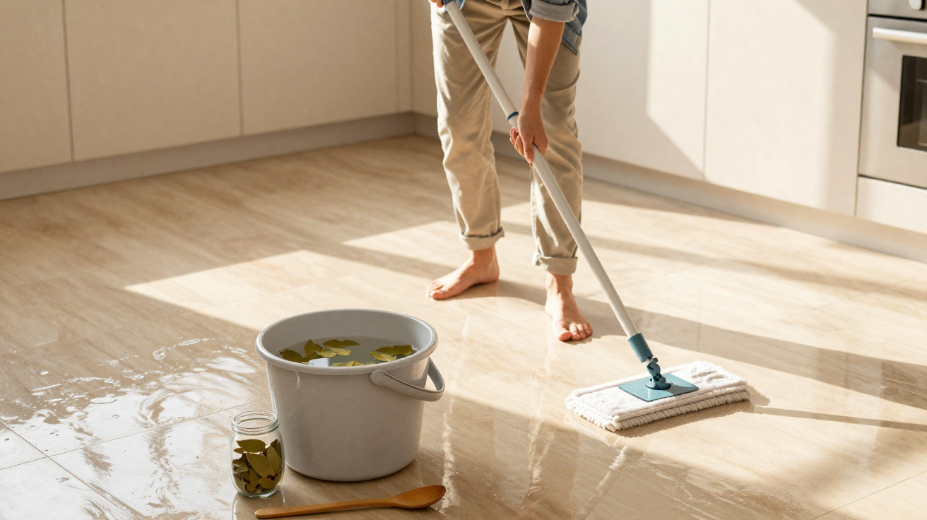 Pessoa a limpar chão da cozinha com esfregona, ao lado de balde branco e jarro com folhas verdes.