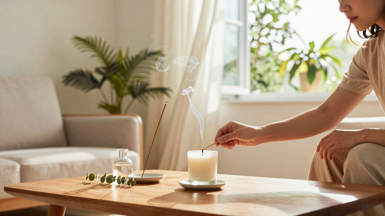 Mulher acende vela aromática numa sala iluminada com plantas e sofá ao fundo.