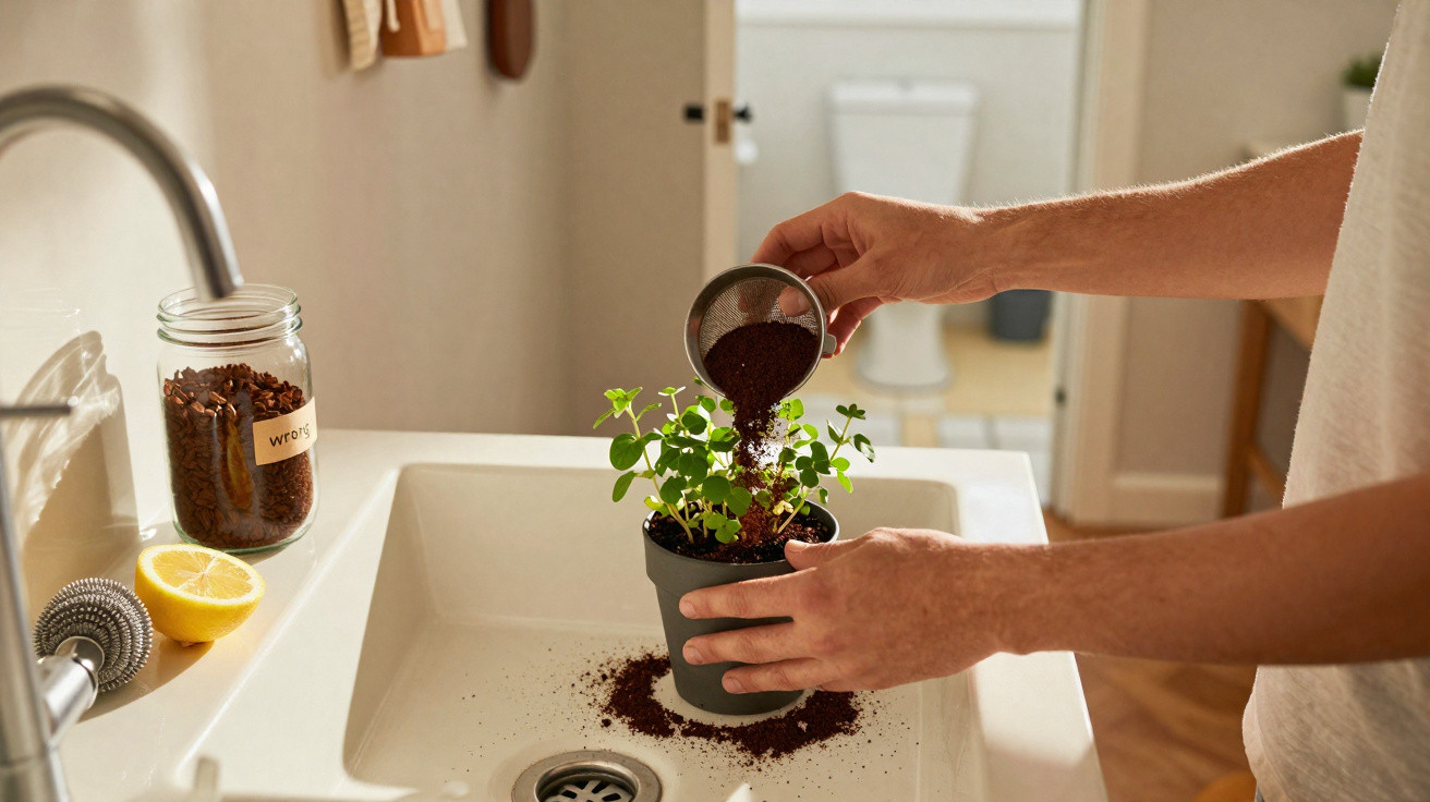Pessoa a usar borra de café para fertilizar uma planta num vaso preto sobre uma pia branca.