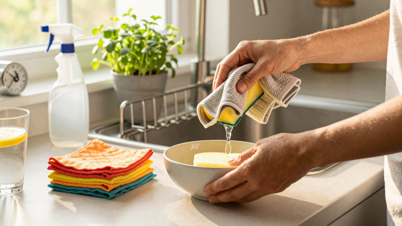 Pessoa a espremer água de uma esponja sobre uma tigela numa cozinha iluminada.