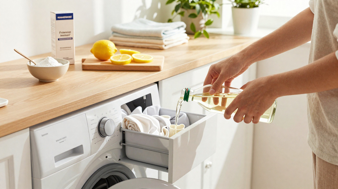Pessoa a adicionar vinagre no compartimento da máquina de lavar roupa numa cozinha luminosa.