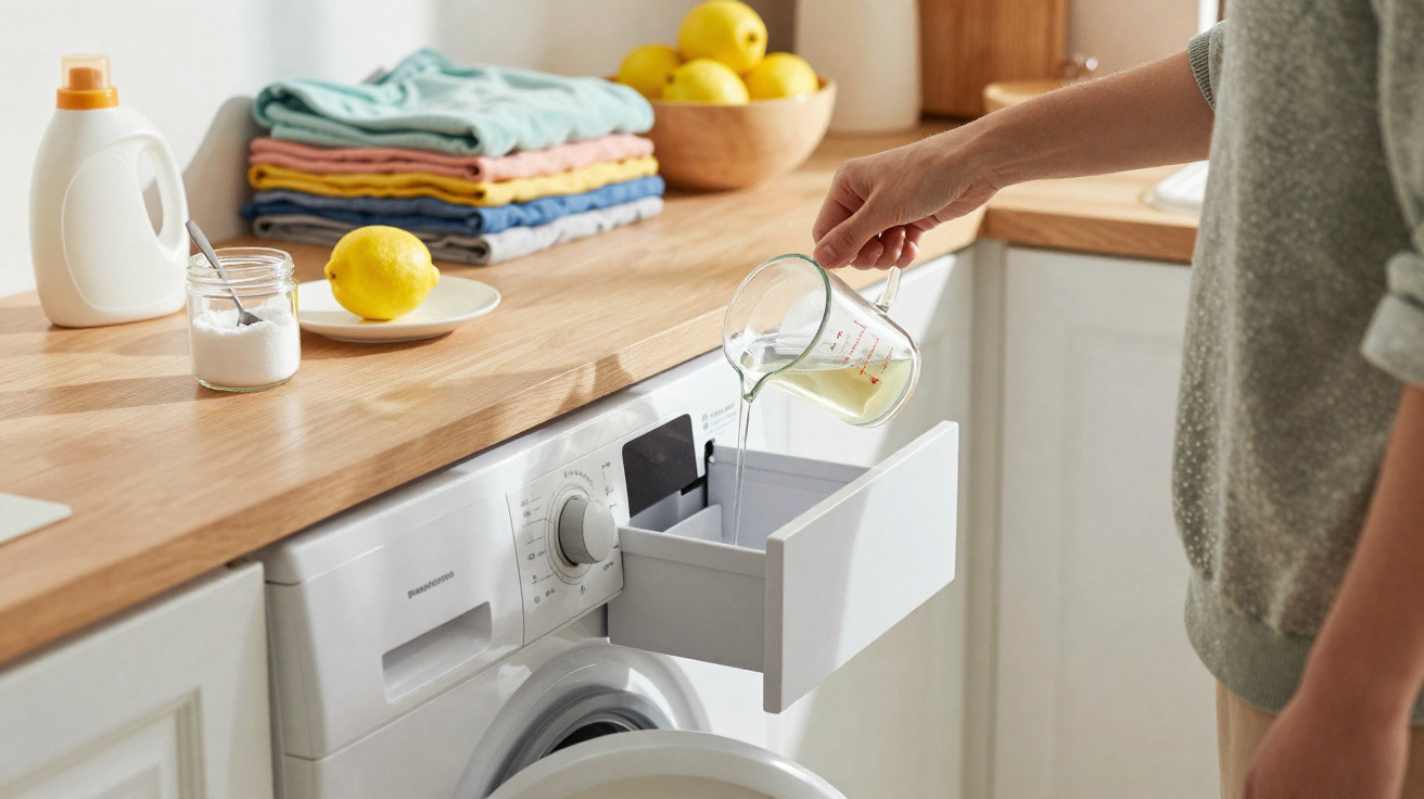 Pessoa a verter líquido de medição no compartimento de uma máquina de lavar roupa branca numa cozinha.