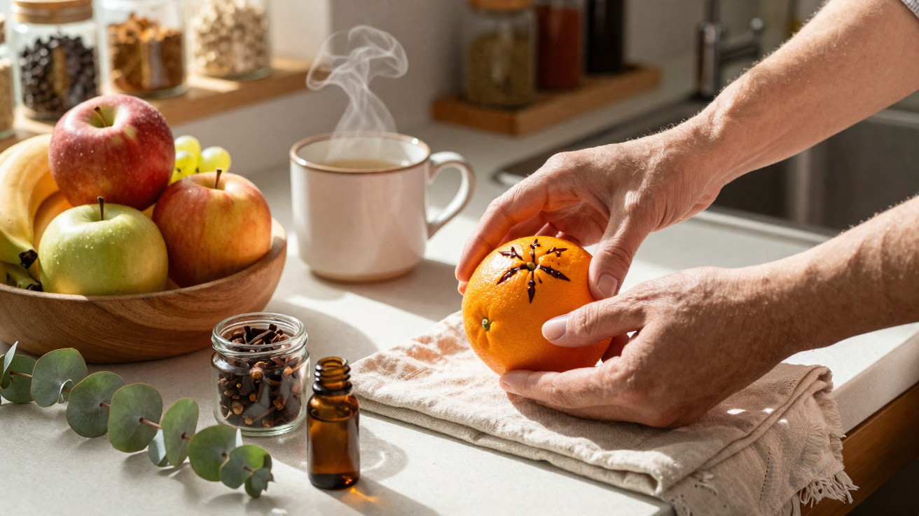 Mãos a preparar laranja com cravinho numa cozinha iluminada, com chá, frutos e especiarias na bancada.