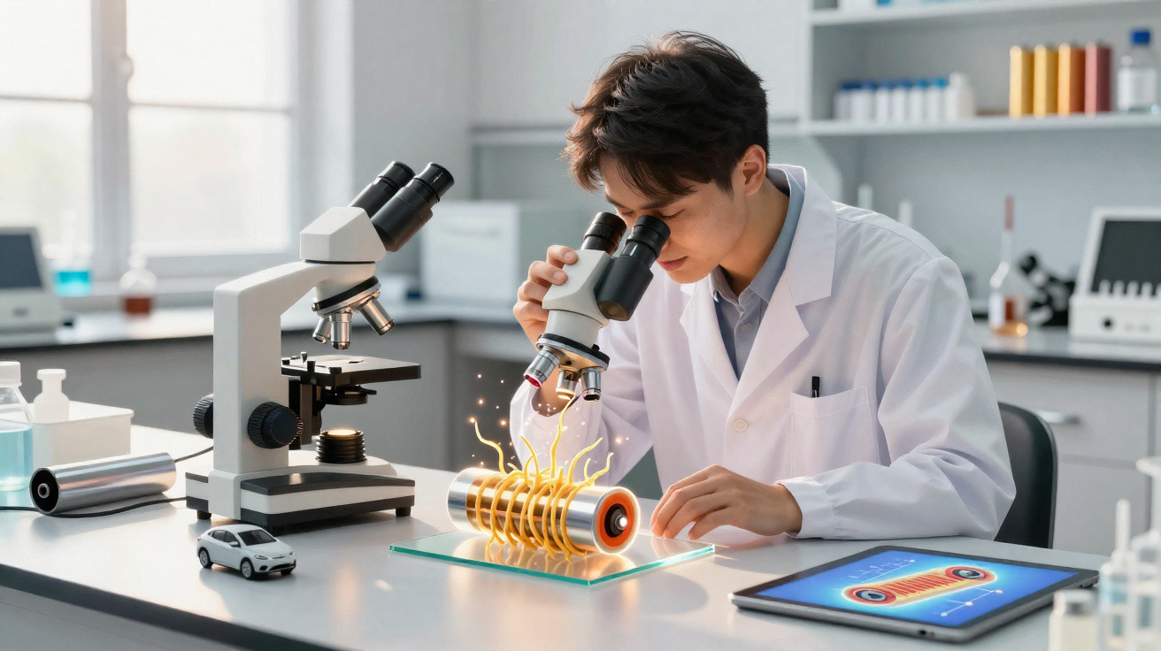 Cientista jovem em bata branca observa bateria holográfica através de microscópio num laboratório moderno.