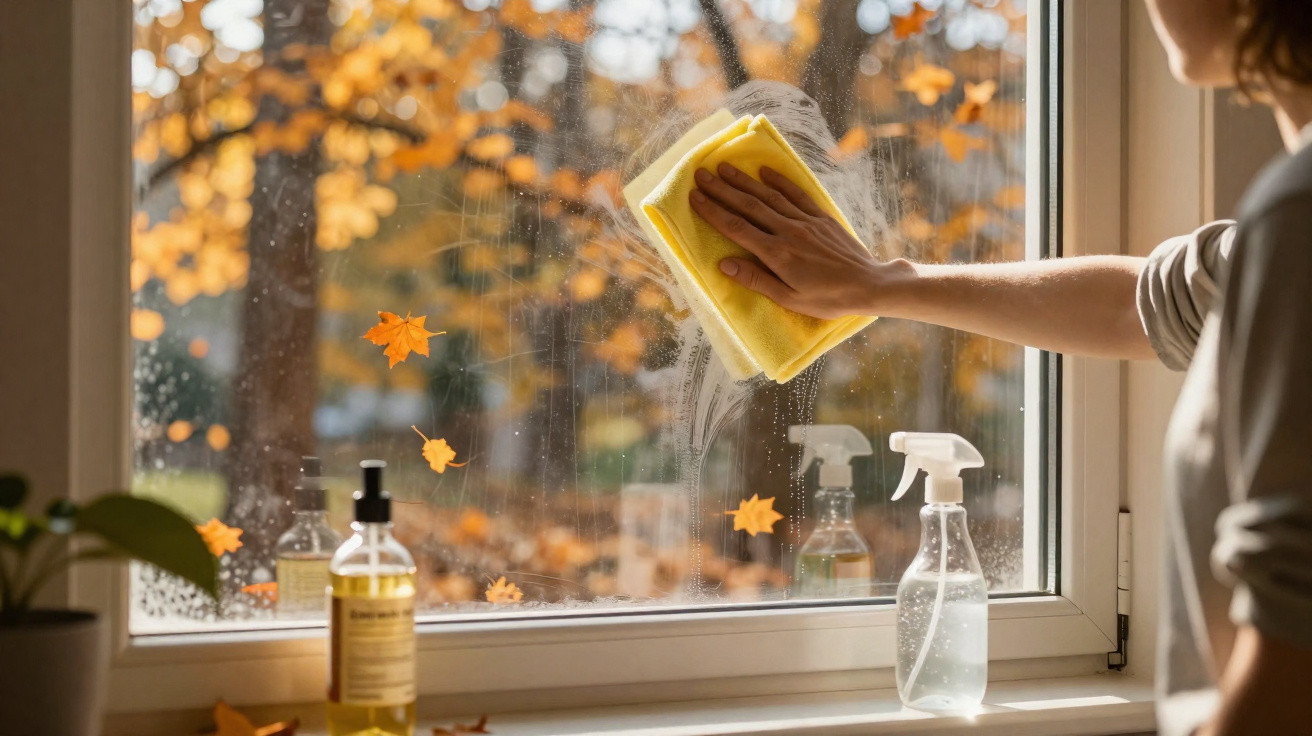 Pessoa a limpar uma janela com pano amarelo, vista de outono com folhas laranja na árvore lá fora.