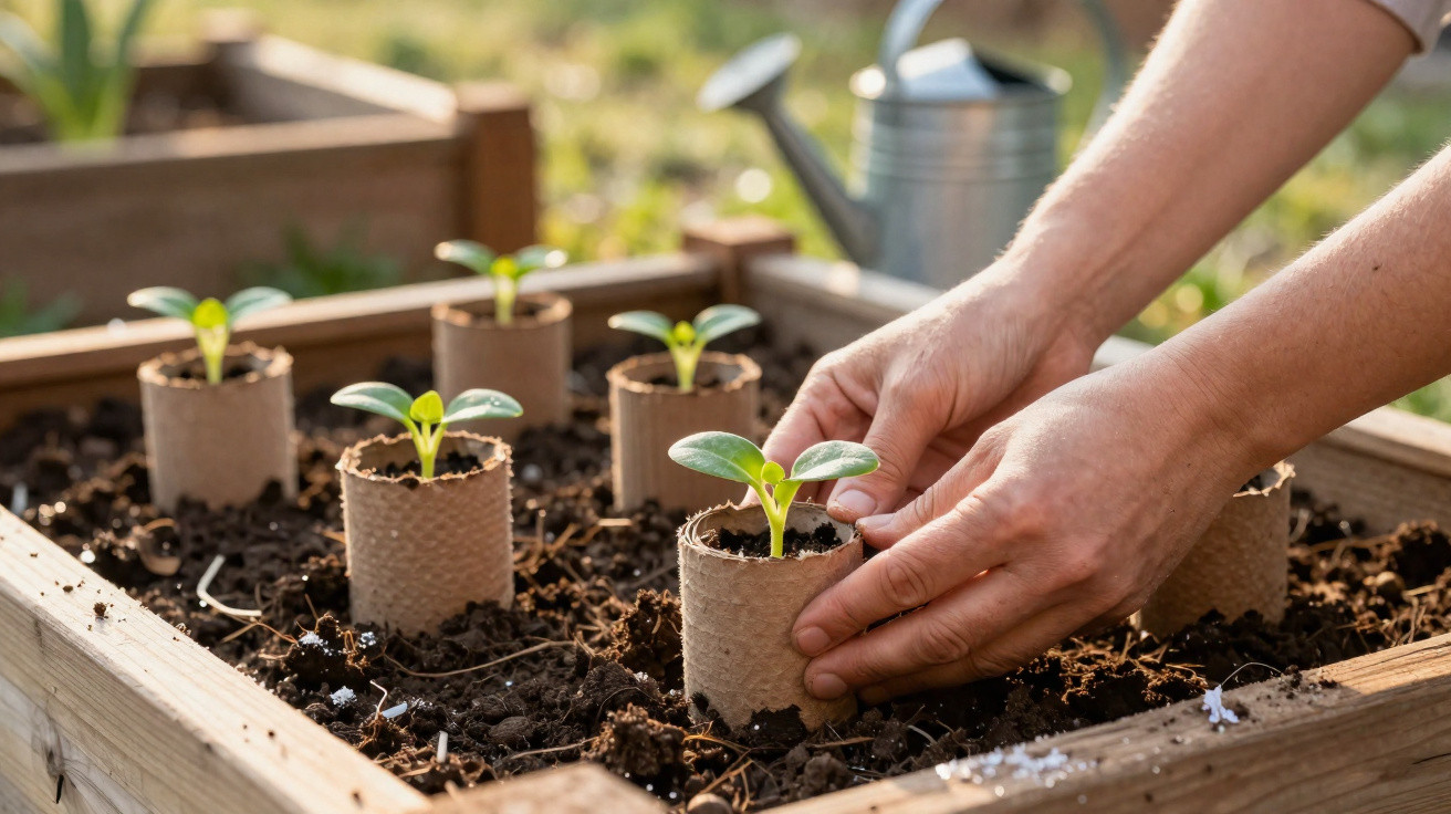 Mãos a plantar pequenas mudas em tubos de cartão num canteiro de cultivo ao ar livre.