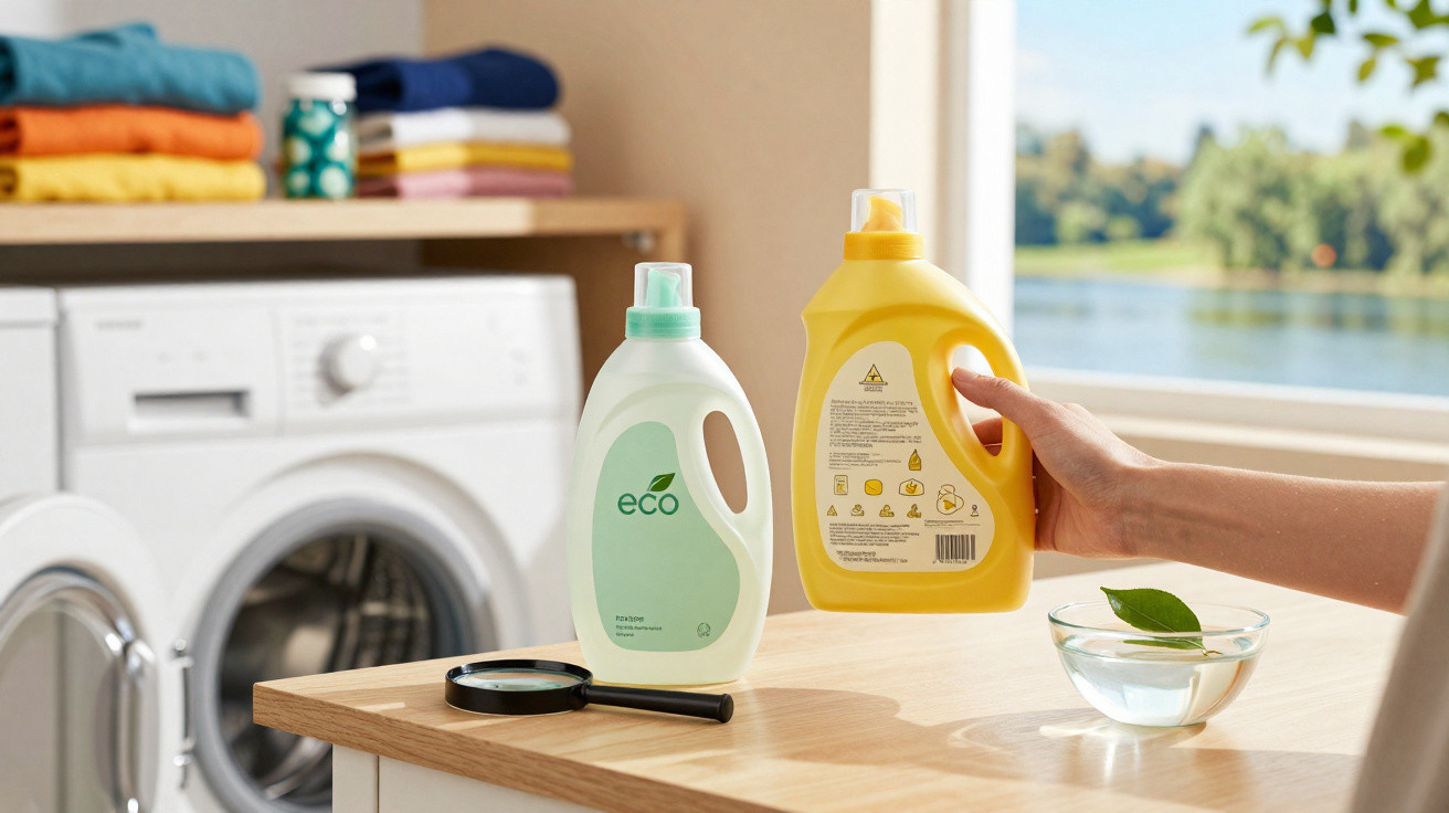 Mãos seguram detergente amarelo perto de detergente eco branco numa mesa junto a uma máquina de lavar roupa.