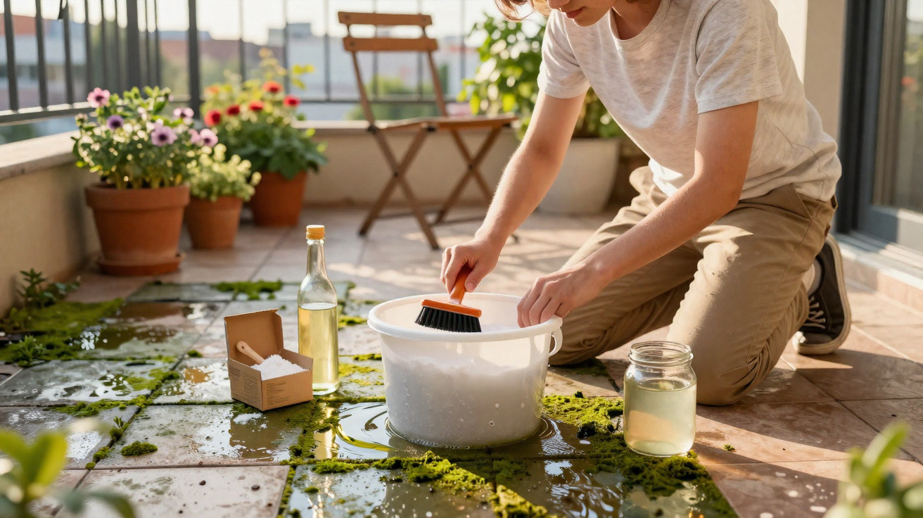 Pessoa a limpar um chão com escova, balde com água e plantas em vasos ao fundo num terraço.