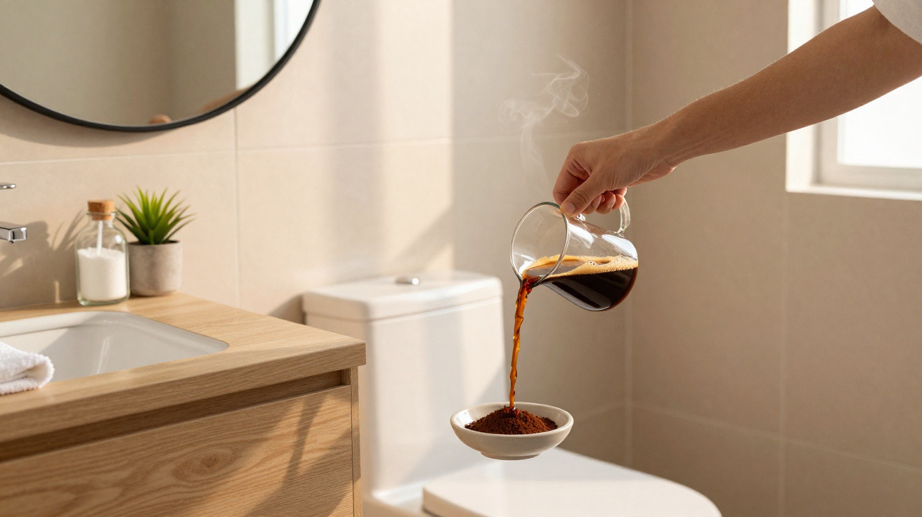 Pessoa a verter café quente num recipiente com café moído numa casa de banho moderna.