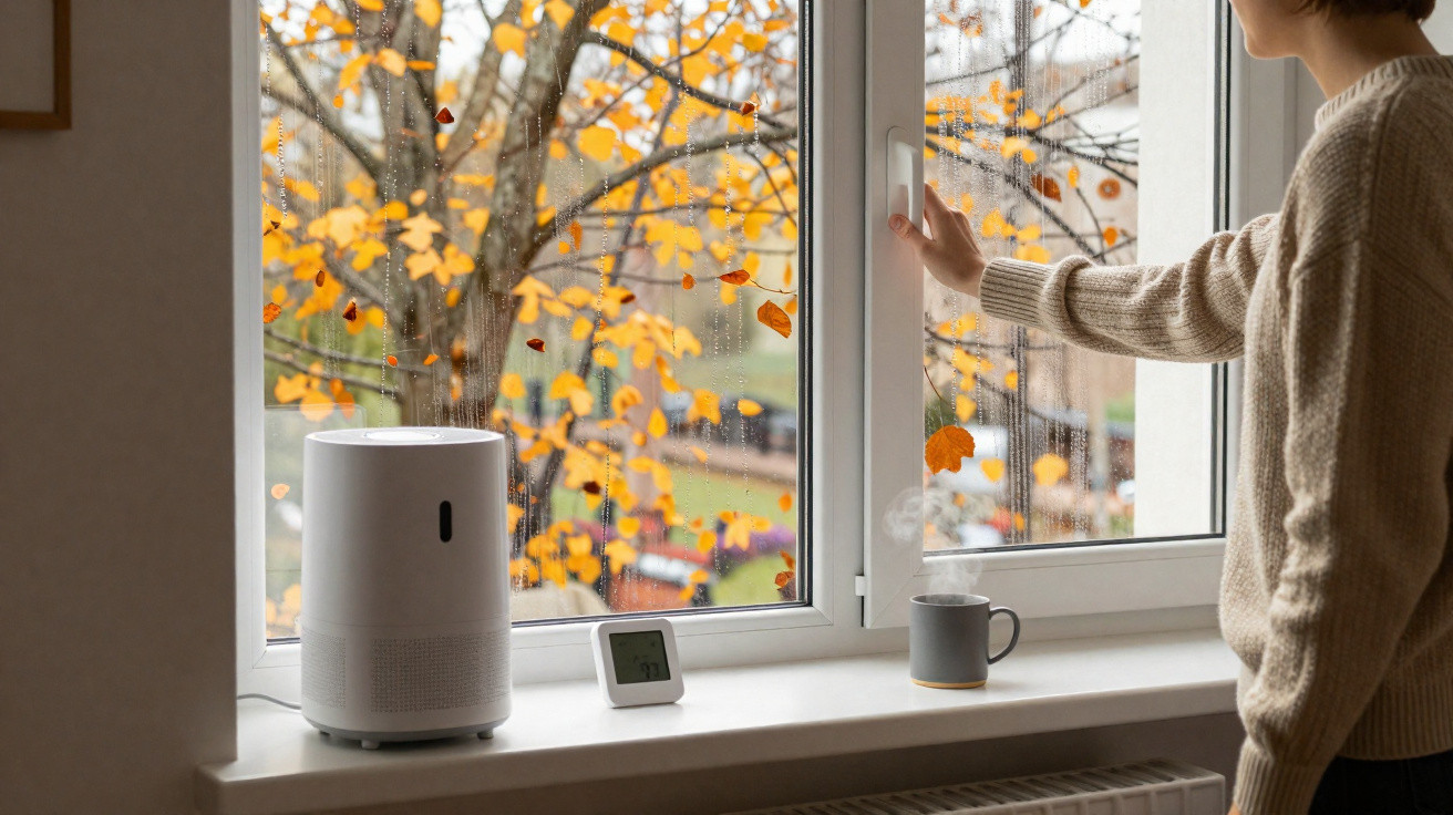 Pessoa a abrir janela num dia de outono com humidificador, chá quente e termómetro na janela.