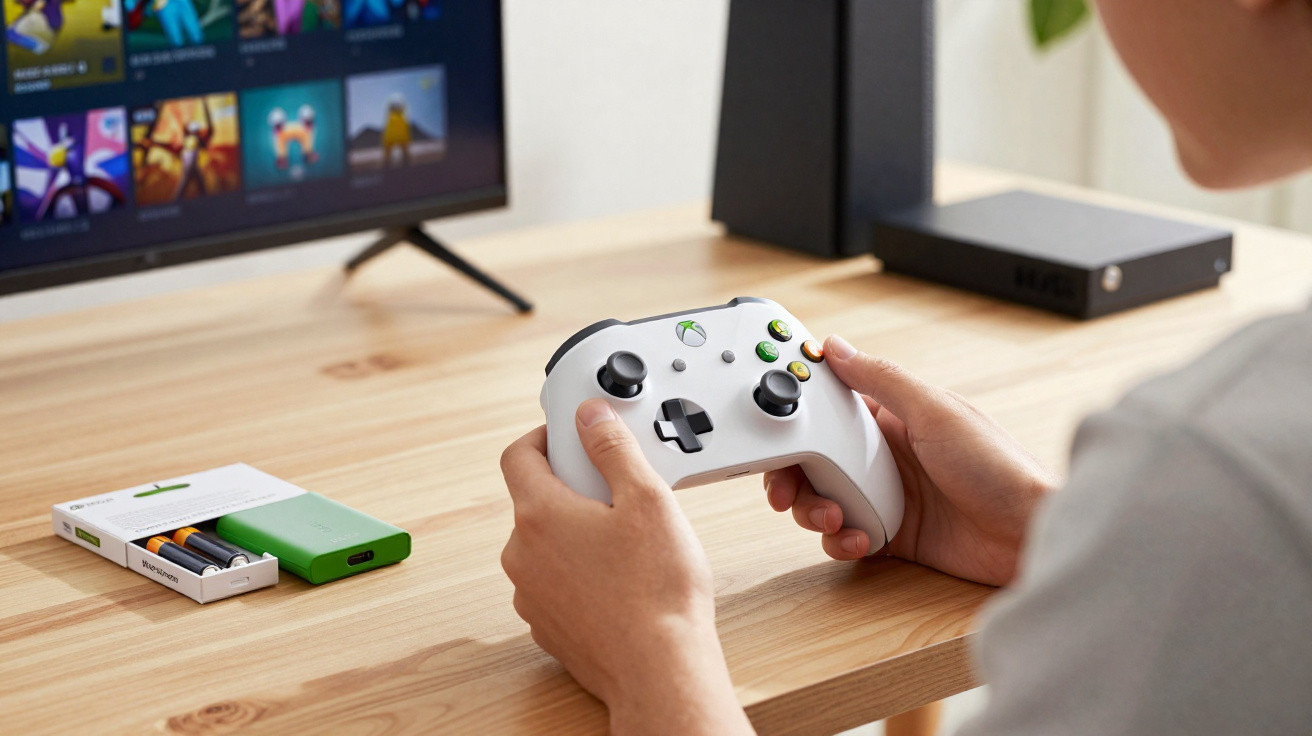 Pessoa a segurar comando Xbox branco com ecrã de jogos e consola Xbox numa secretária de madeira.