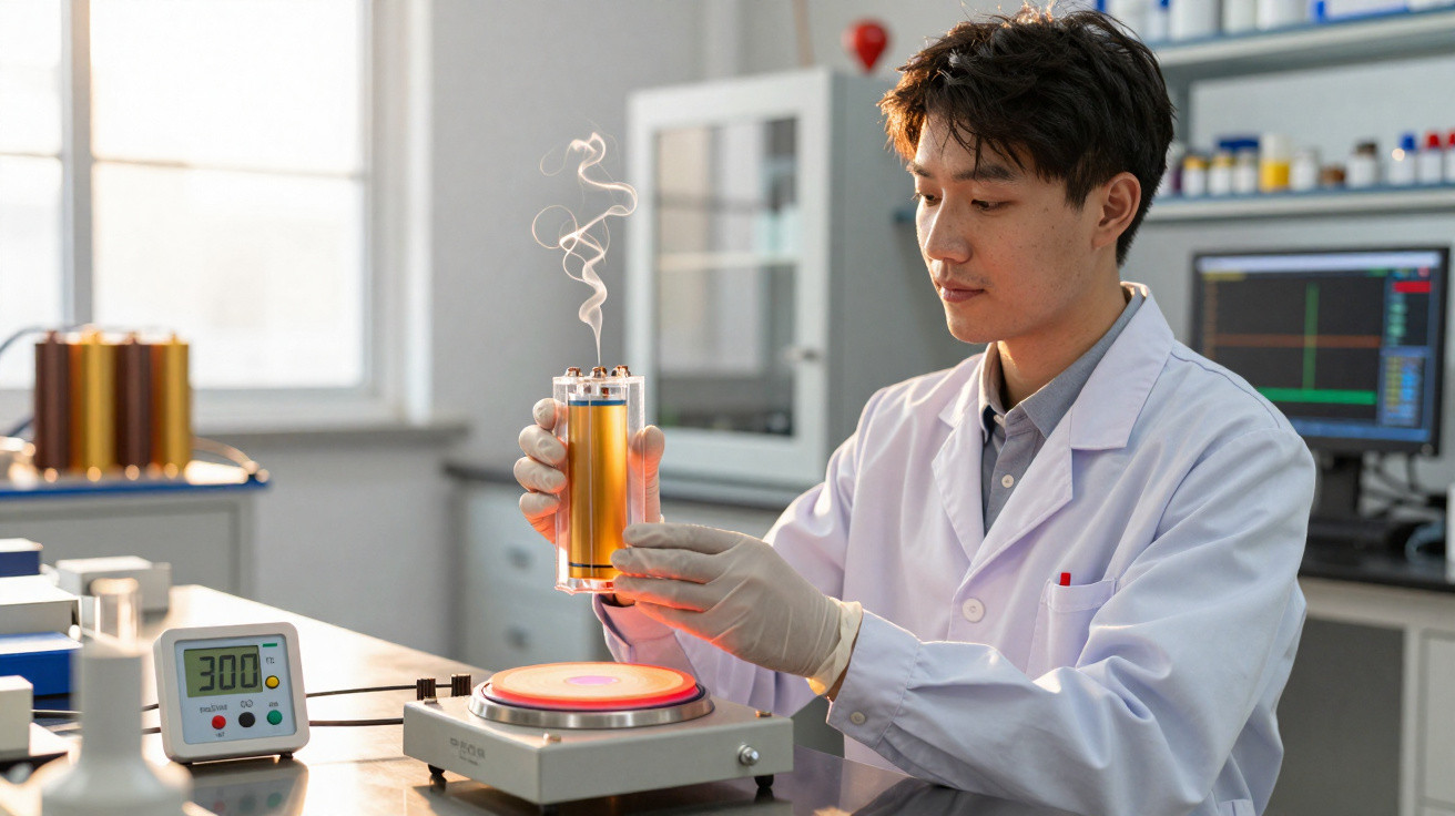 Cientista de laboratório com bata branca a manusear equipamento a aquecer líquido com vapor no ar.
