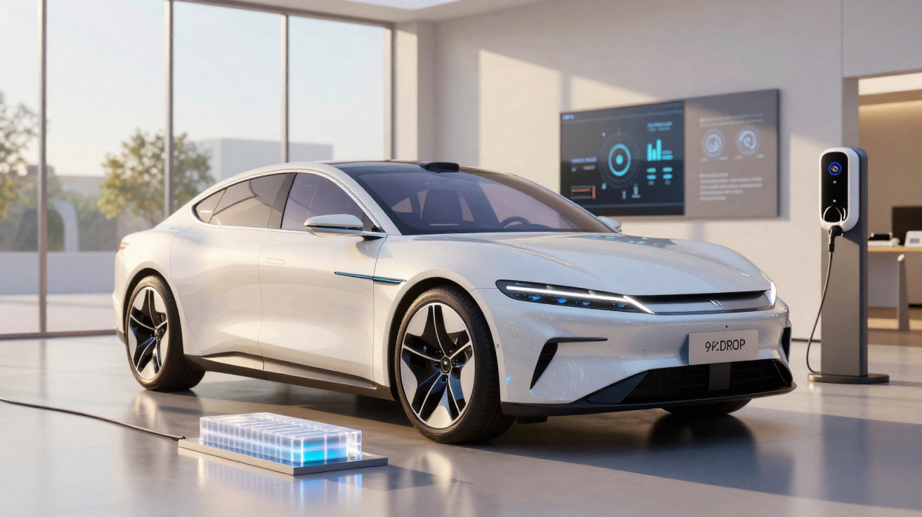 Carro elétrico branco estacionado num showroom moderno com carregador e bateria holográfica ao lado.