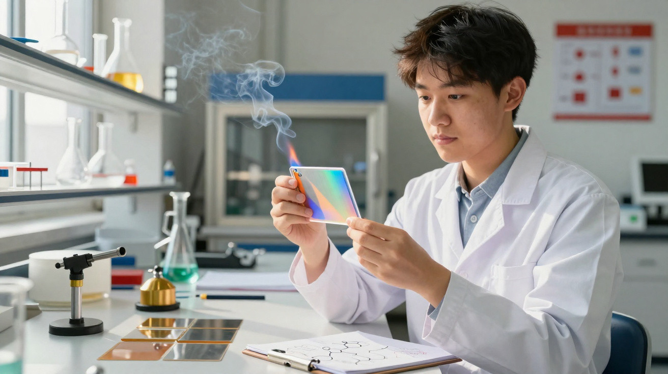 Homem jovem de bata branca a queimar plástico colorido num laboratório científico.