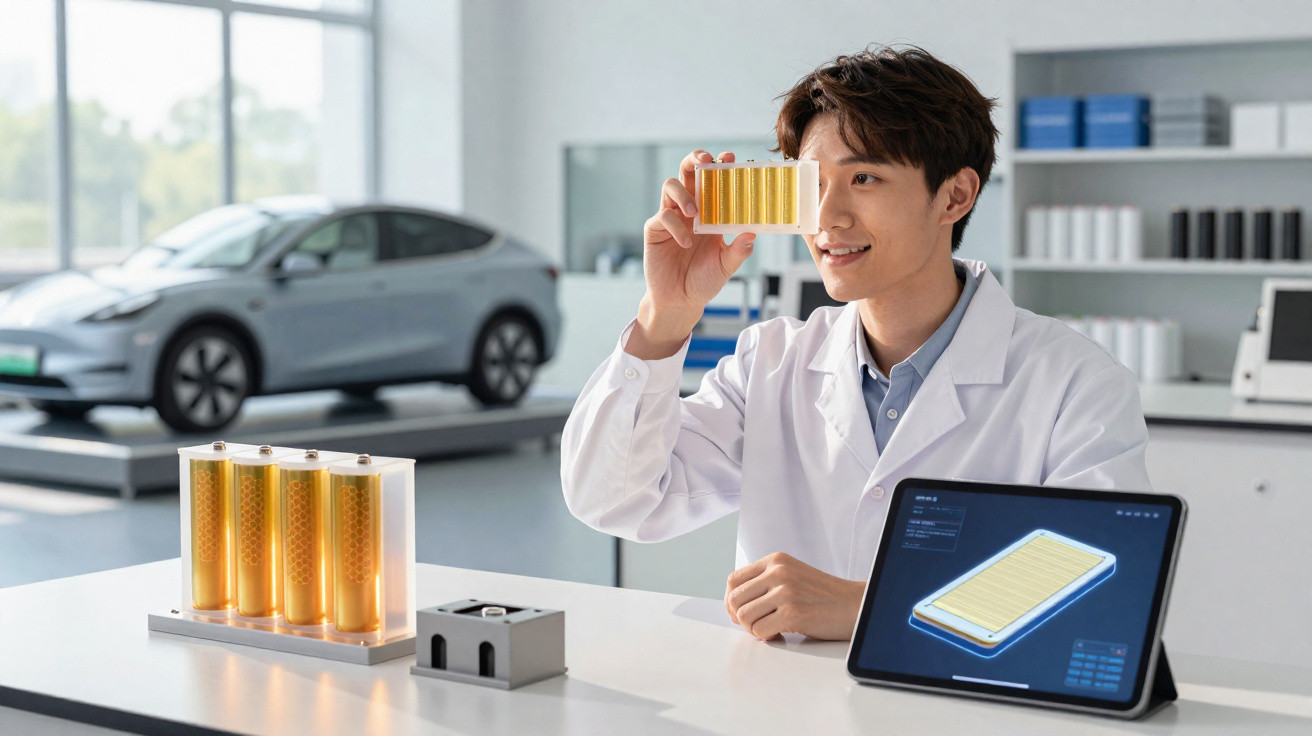 Cientista numa bancada de laboratório a analisar células de bateria para carros elétricos com ecrã digital ao lado.