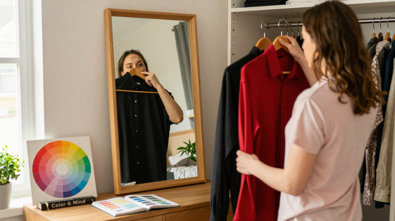 Mulher a escolher camisa para provar em frente a espelho num quarto com roda de cores e livros.