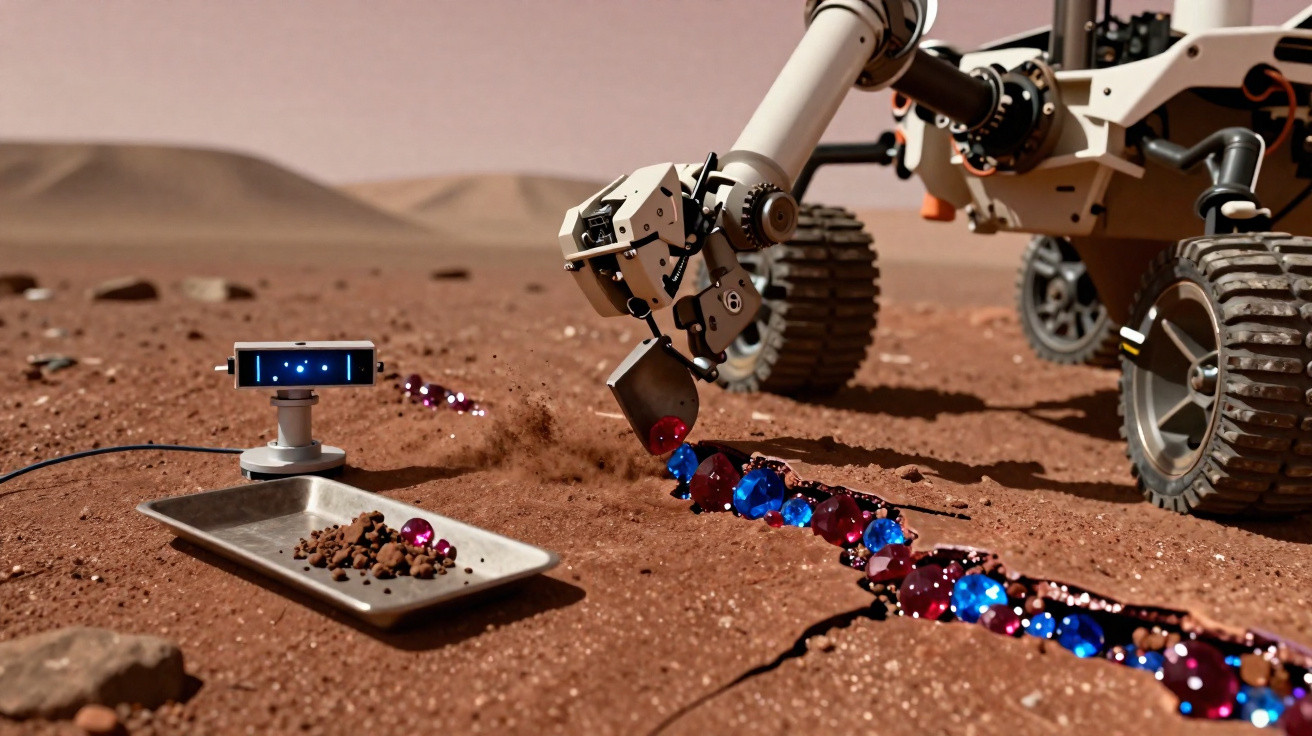 Rover a explorar e recolher pedras preciosas azuis e vermelhas na superfície avermelhada de Marte.